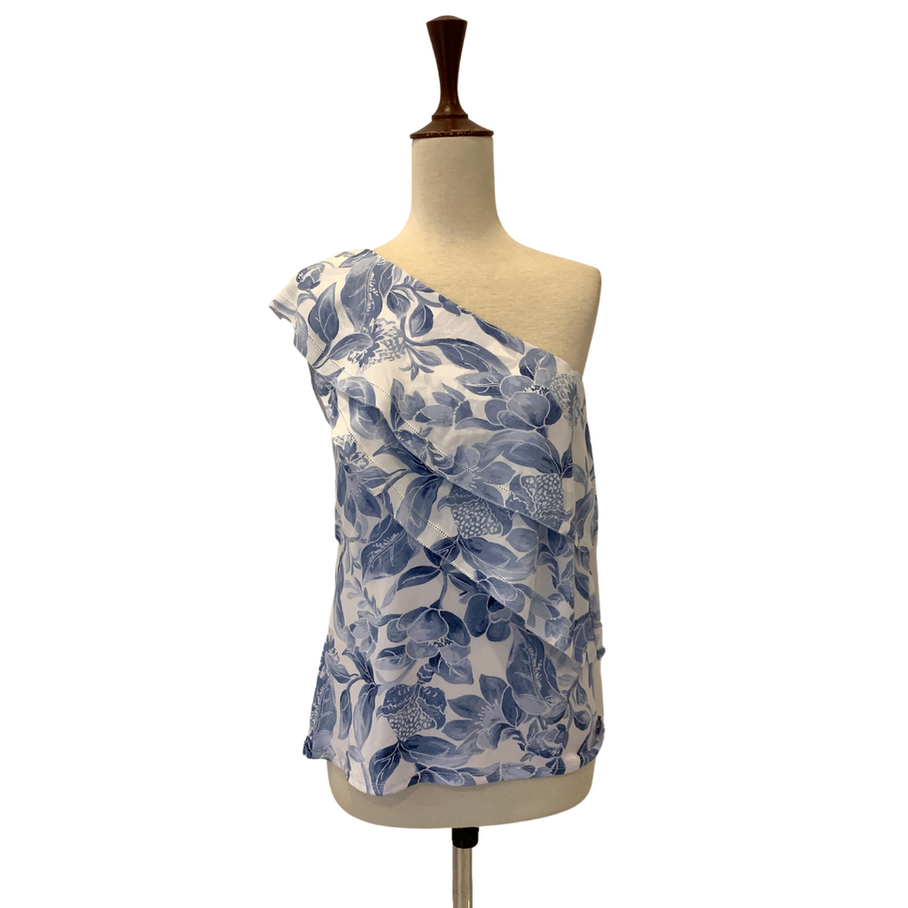 White House Black Market Blue & White Printed One-shoulder Blouse | Brand New |