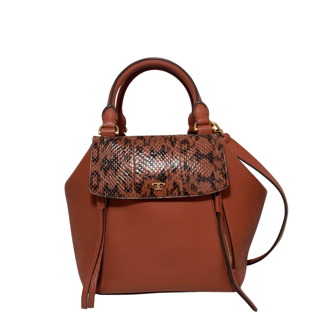 Tory Burch Tan Leather Half Moon Mixed Materials Tote | Like New |