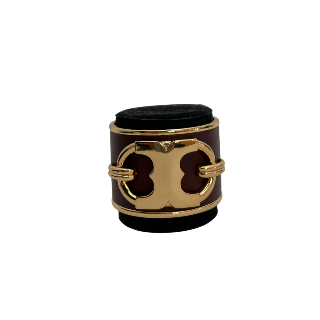 Tory Burch Brown Leather and Gold Logo Cuff Bracelet | Gently Used |