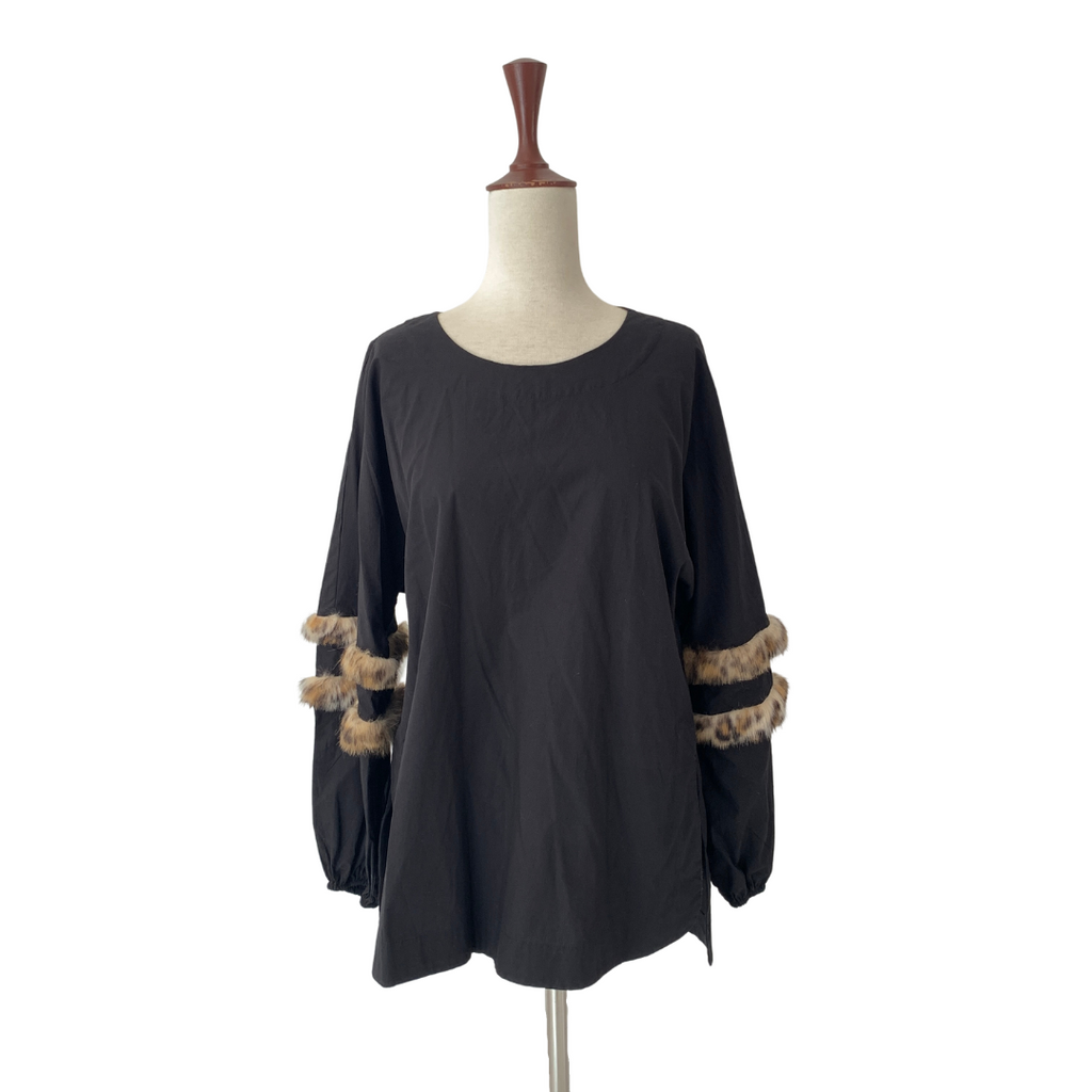 ZARA Black Cotton Top with Fur Trim | Gently Used |
