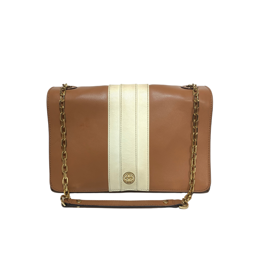 Tory Burch Tan & Cream Leather 'Robinson' Shoulder Bag | Pre Loved |