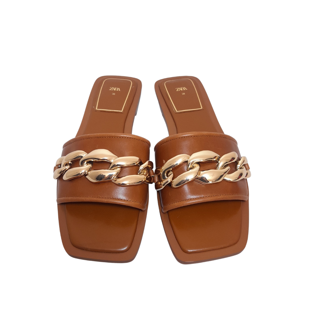 ZARA Tan Gold Chain Slides | Like New |
