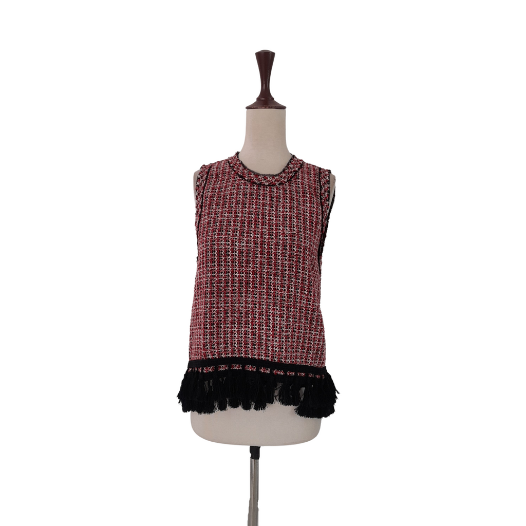 ZARA Red Tweed and Black Fringe Sleeveless Top | Gently Used |