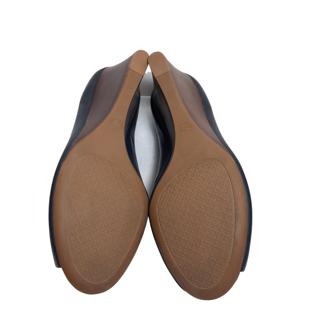 Tory Burch Navy Leather Logo Peep-toe Wedges | Like New |