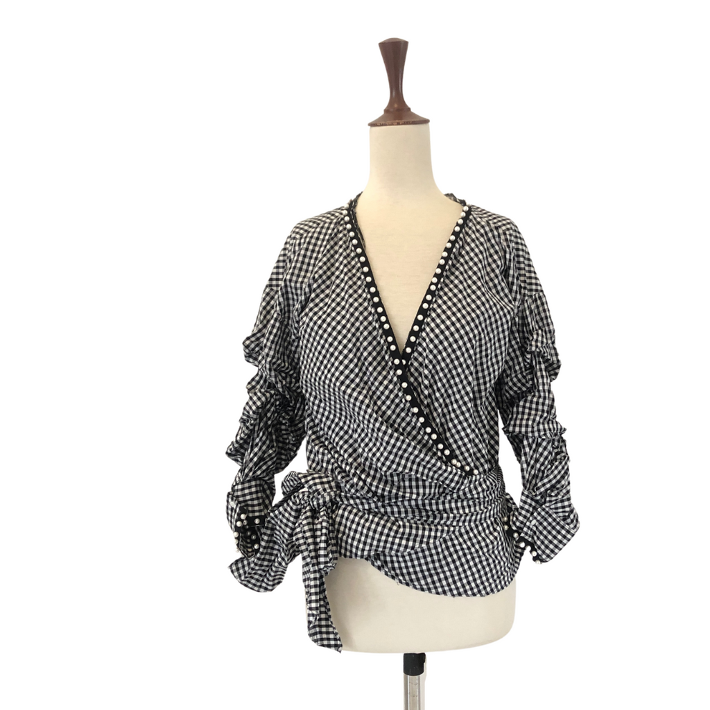 ZARA Black Checked Pearl Wrap Top | Gently Used |