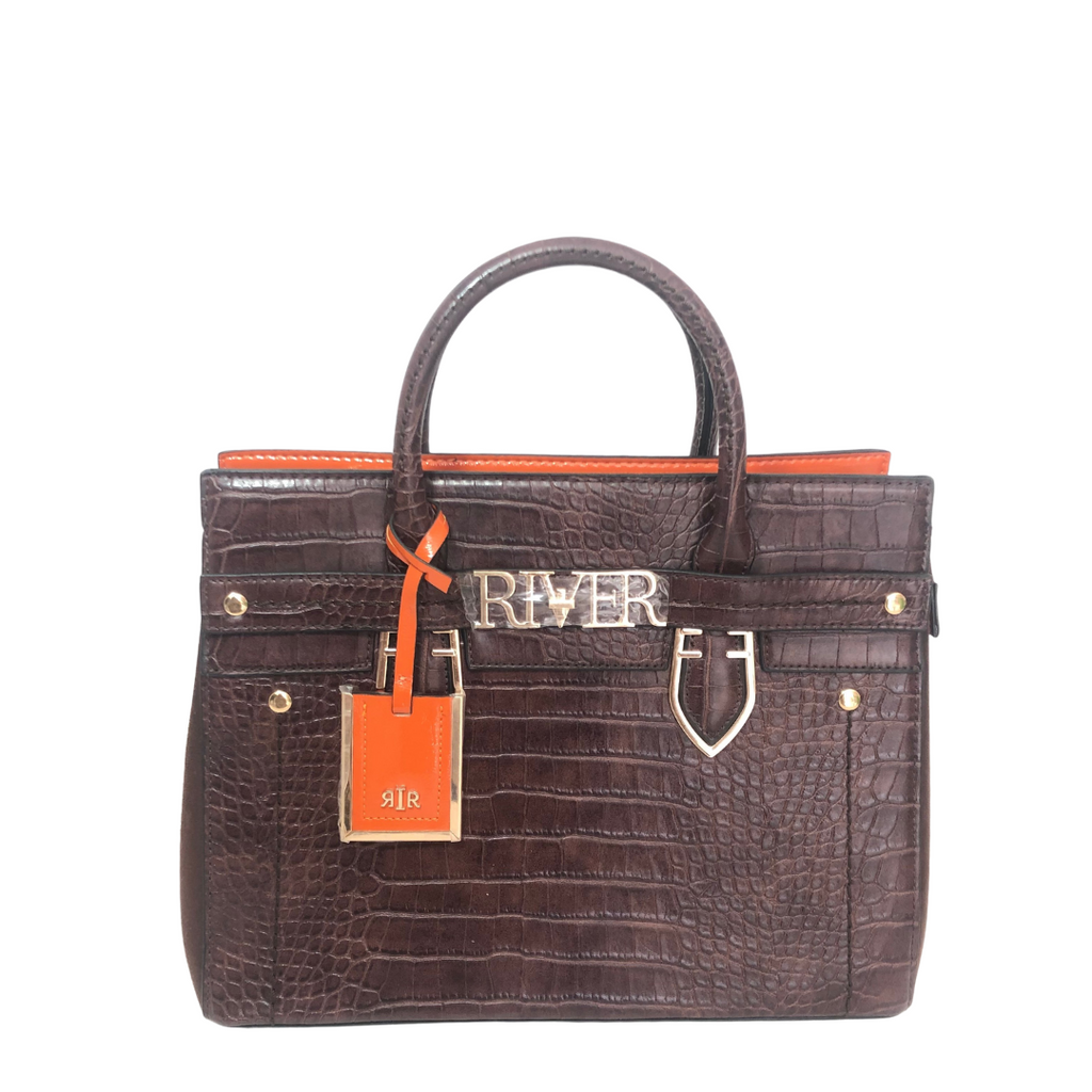 River Island Dark Brown Croc Textured Satchel | Brand New |