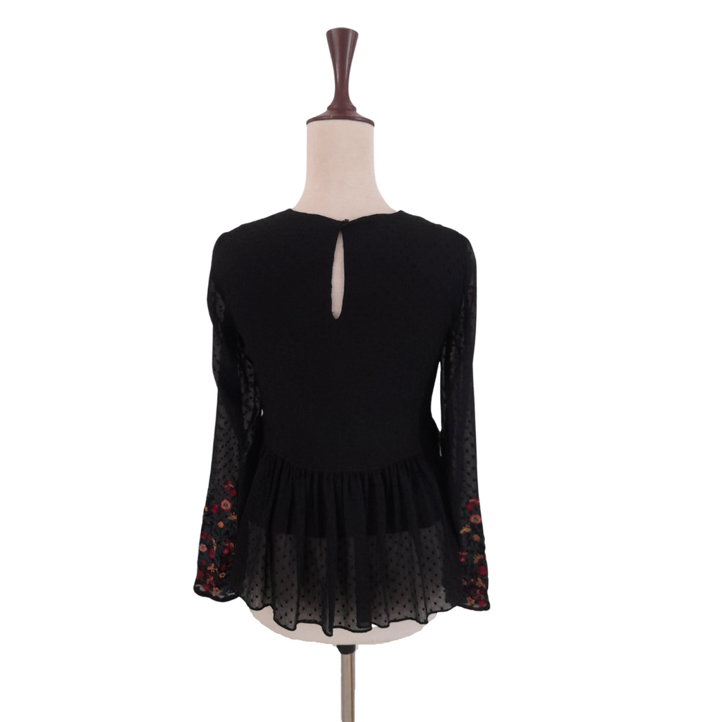 ZARA Black Floral Embroidered Peplum Top | Gently Used |