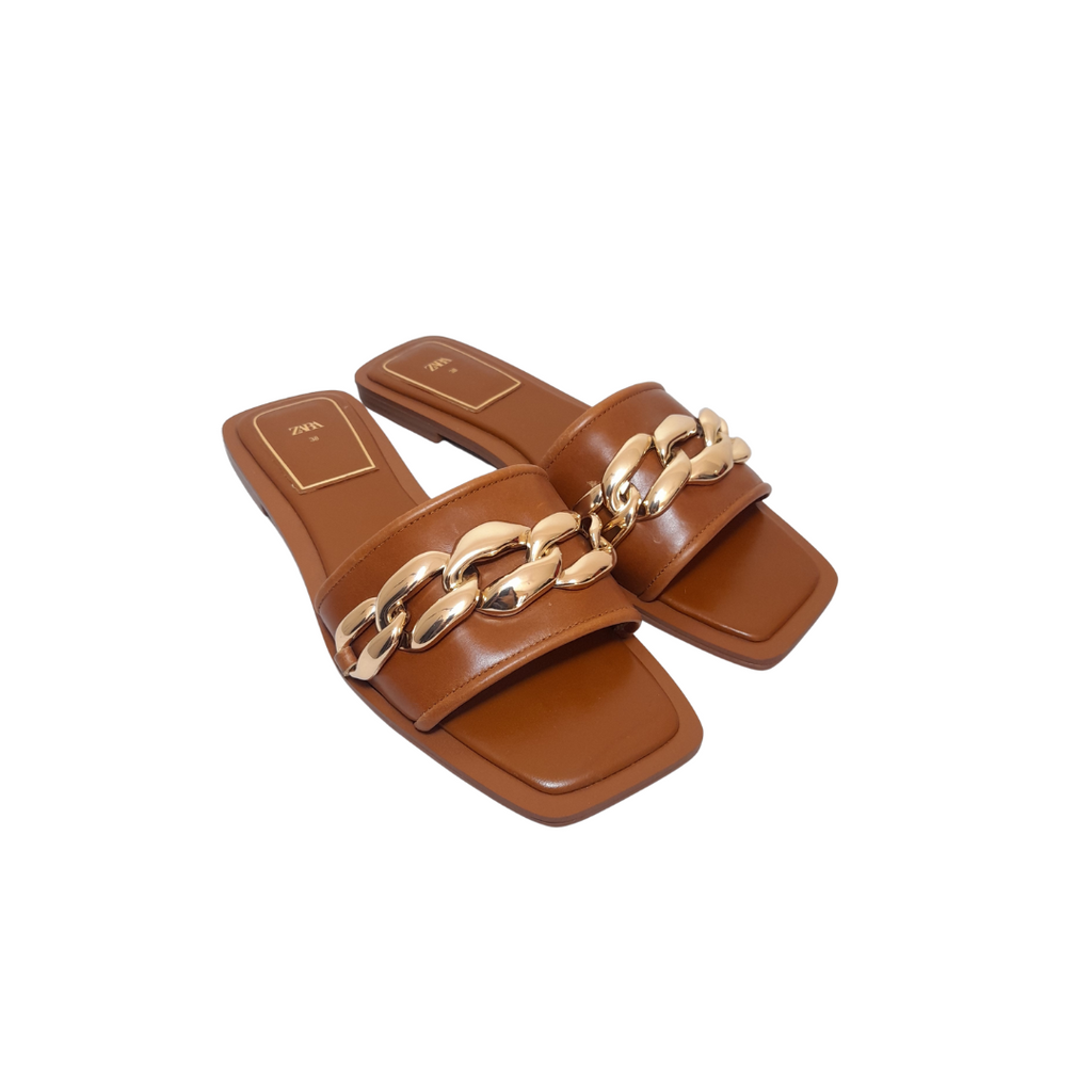 ZARA Tan Gold Chain Slides | Like New |