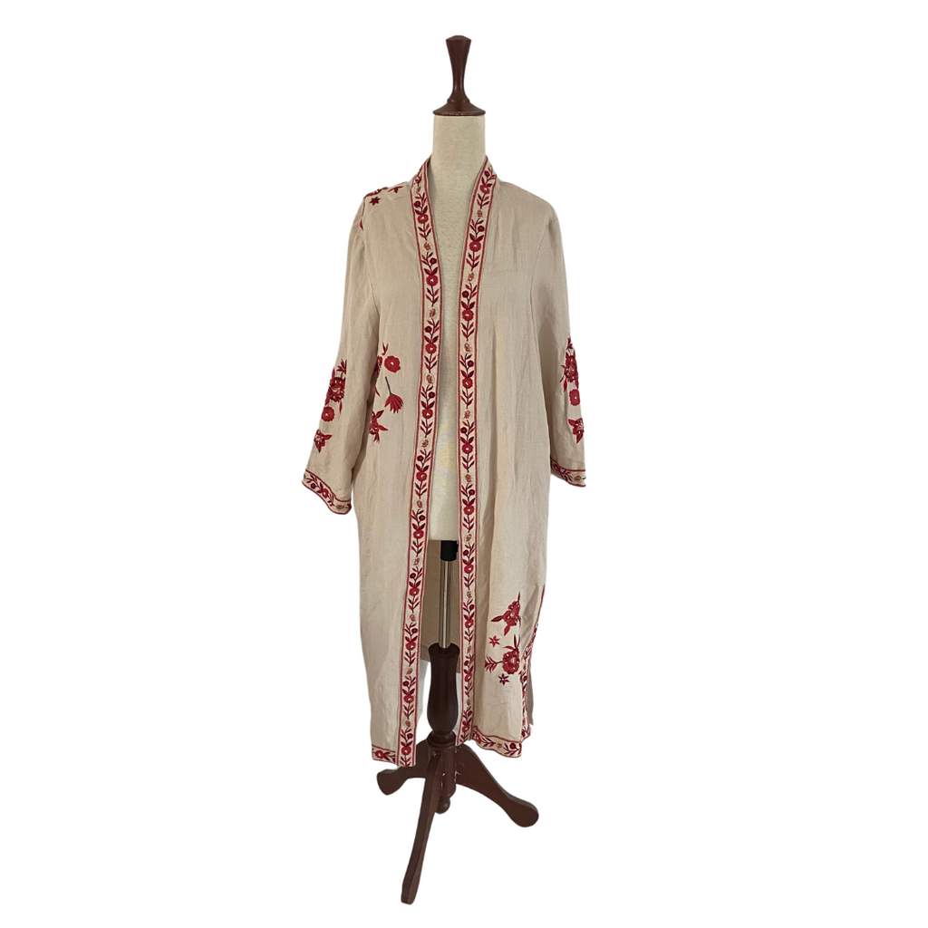 Mango Beige with Red Embroidery Open Long Jacket | Brand New |