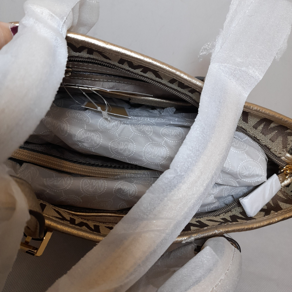 Michael Kors Jet Set Canvas Beige & Gold Monogram Pocket Tote | Brand New |