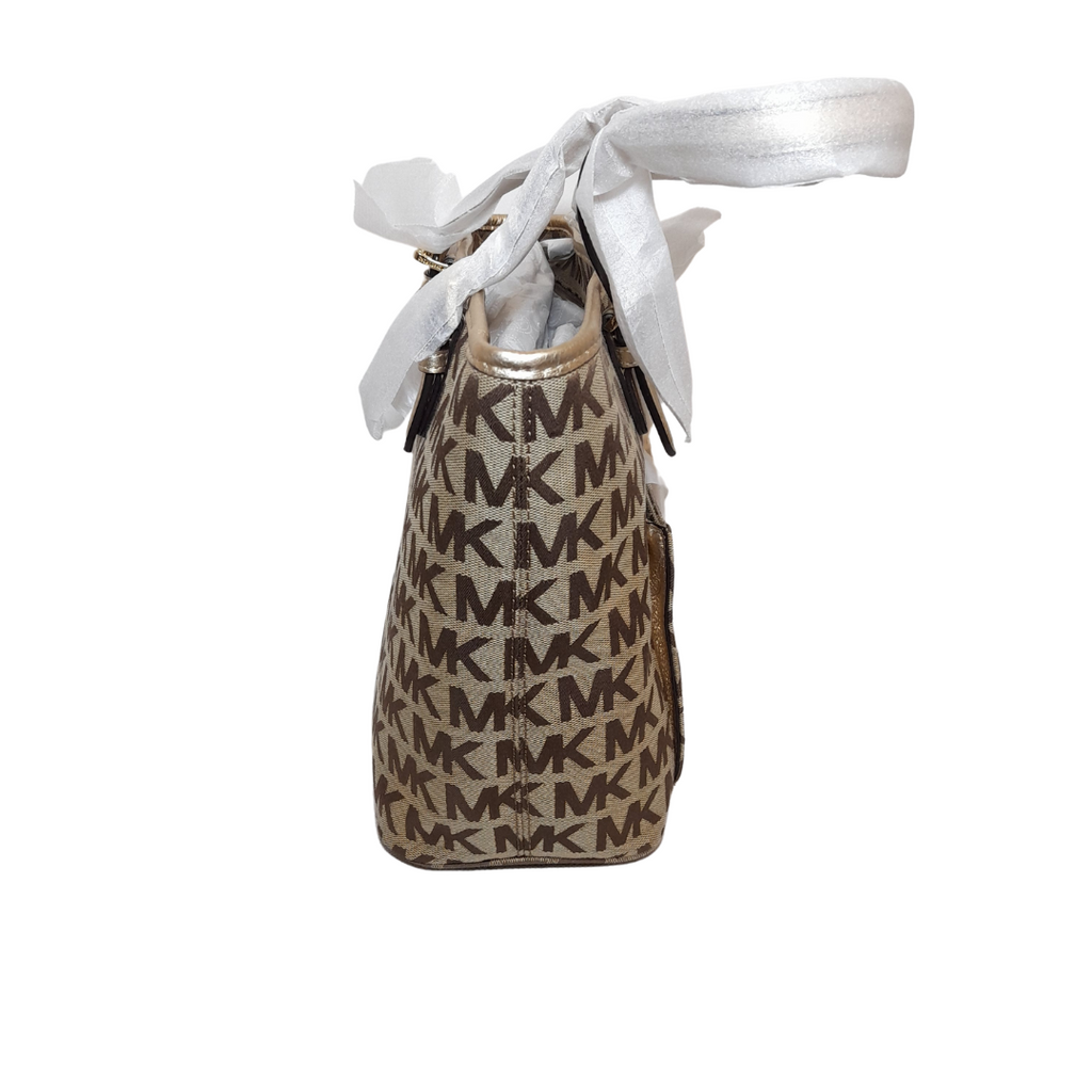 Michael Kors Jet Set Canvas Beige & Gold Monogram Pocket Tote | Brand New |