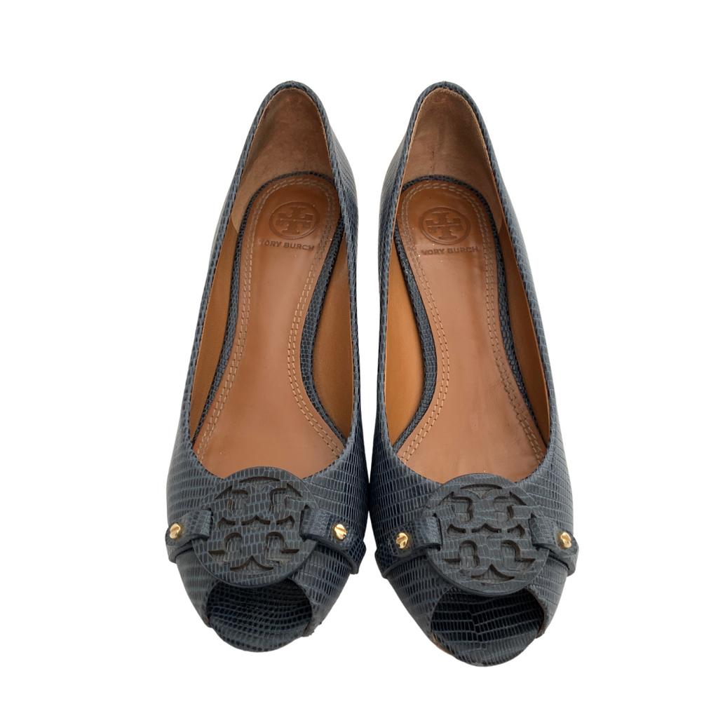Tory Burch Navy Leather Mini Miller Peep-toe Wedges | Gently Used |
