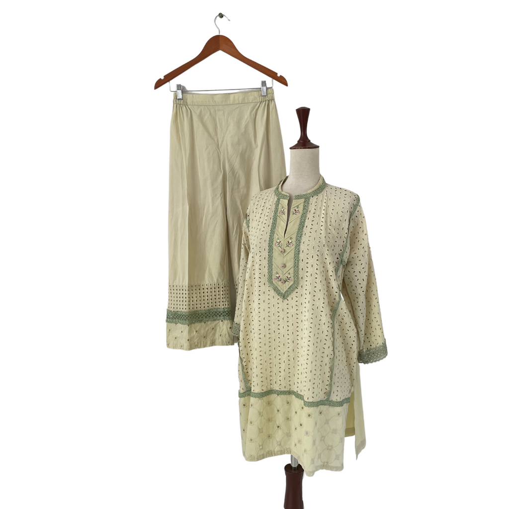 Sania Maskatiya Light Green Embroidered Cut-out Kameez with Pants | Gently Used |
