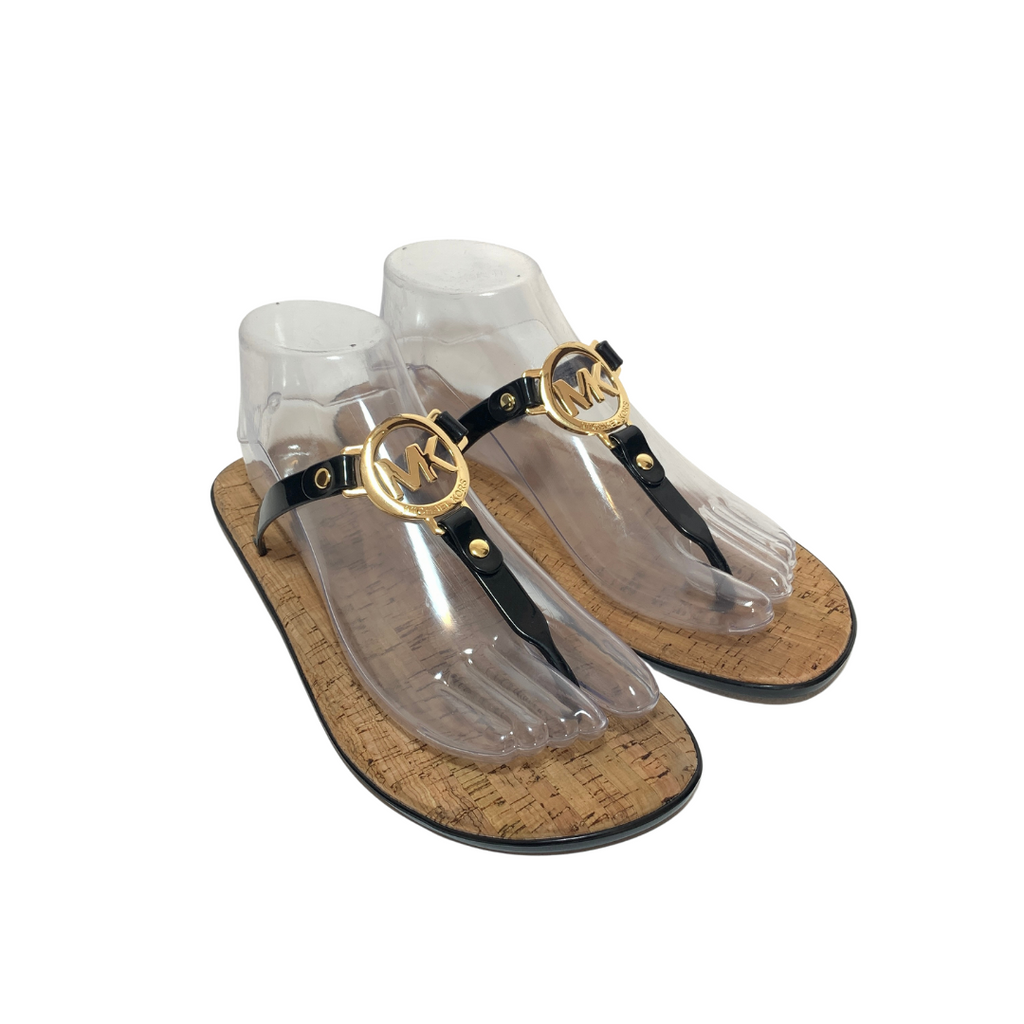 Michael Kors Black Leather Thong Cork Bed Sandals | Pre Loved |