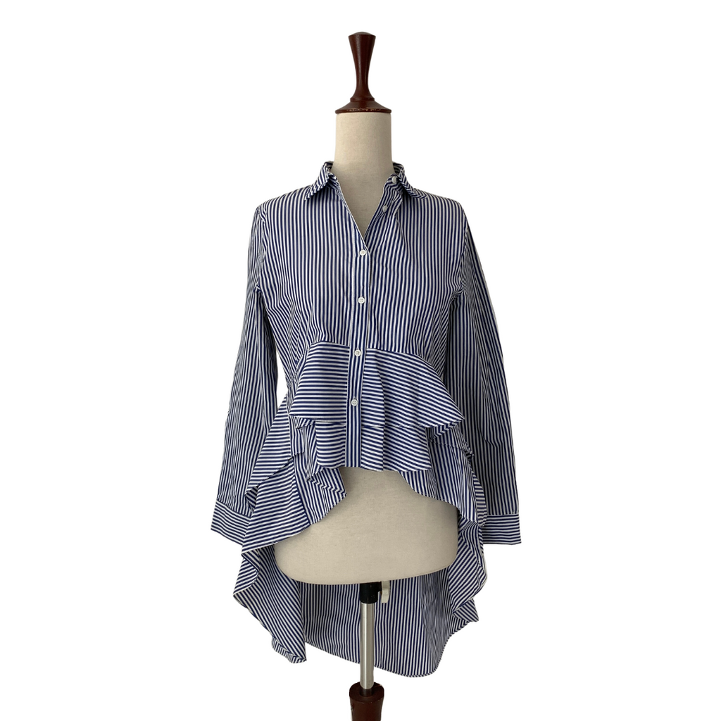 ZARA Blue & White Striped Frill Collared Shirt | Gently Used |