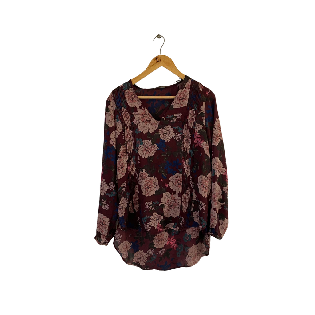 ZARA Maroon Floral Printed Semi-sheer Blouse | Gently Used |