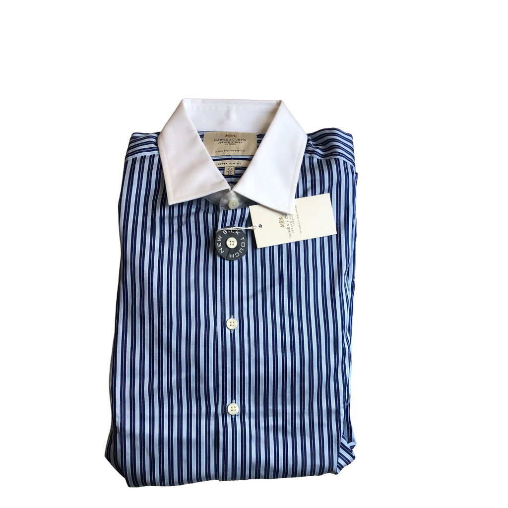 Hawes & Curtis Blue Striped Slim Fit Collared Shirt | Brand New |