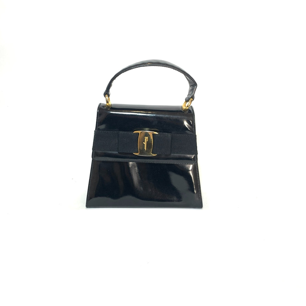 Salvatore Ferragamo Vara Ribbon Black Patent Mini Kelly Purse | Pre Loved |