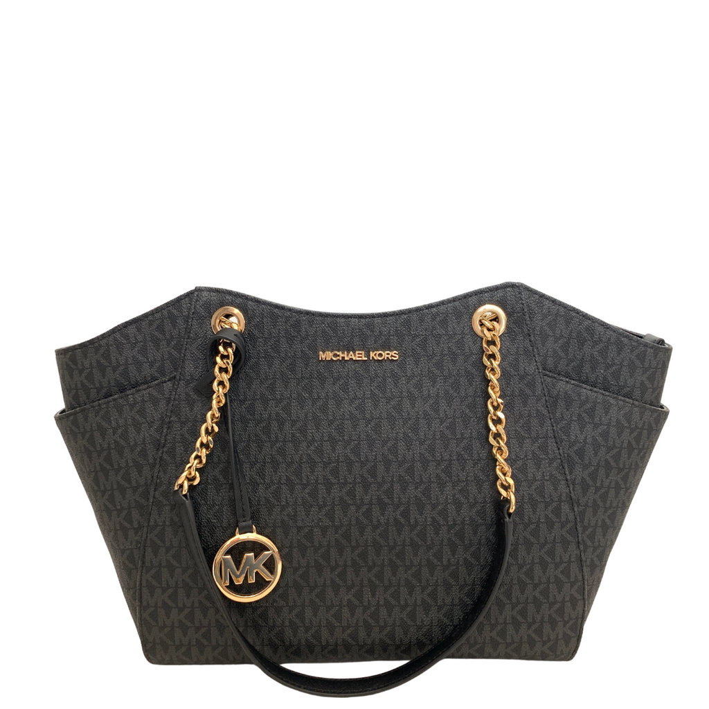 Michael Kors Monogram Black Jet Set Travel Chain Shoulder Tote | Brand New |