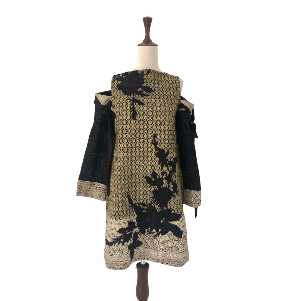Sana Safinaz Black & Gold Embroidered Cold-shoulder Kameez | Gently Used |
