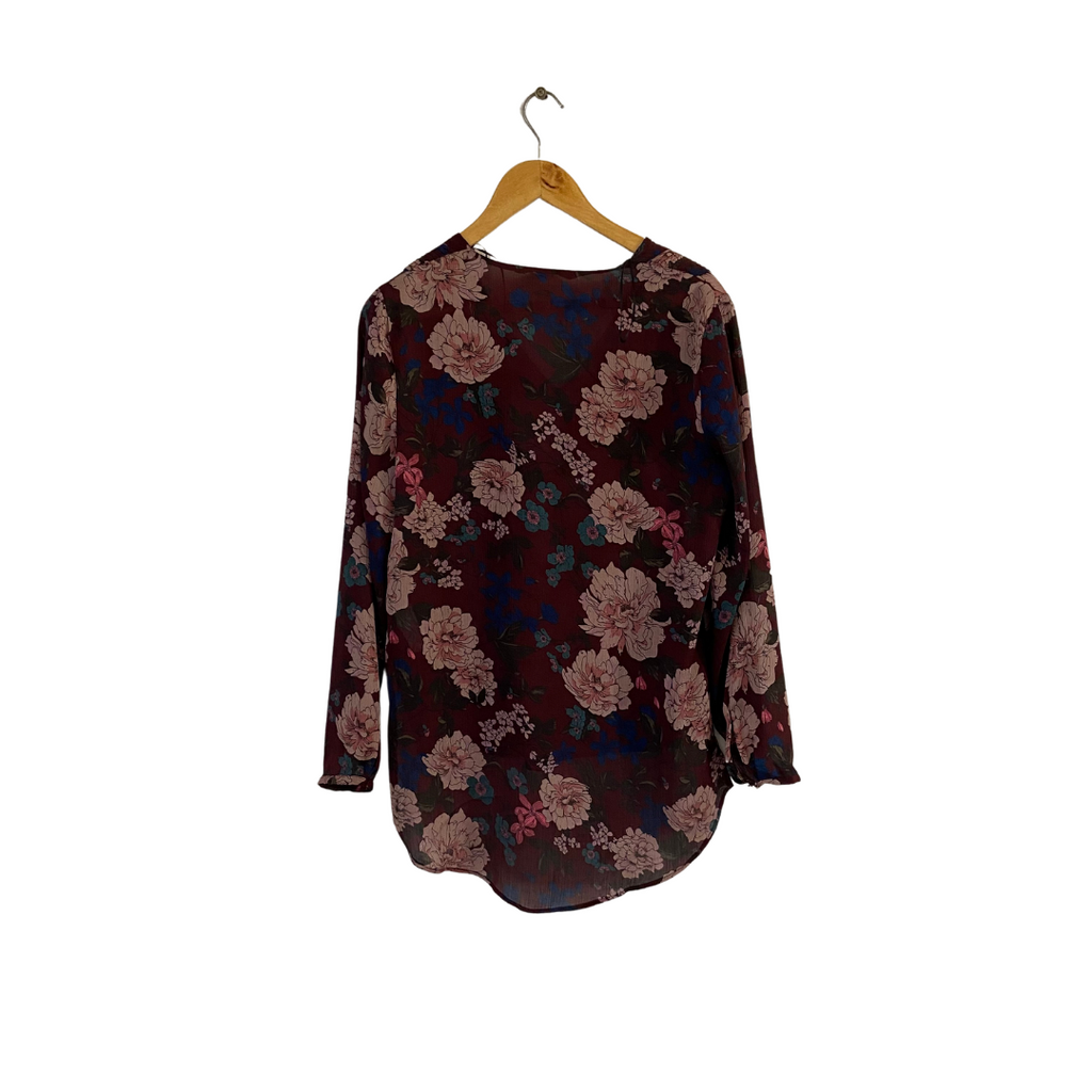 ZARA Maroon Floral Printed Semi-sheer Blouse | Gently Used |