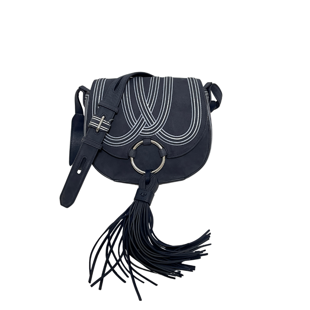 Tory Burch Blue Suede & Leather Tassel Saddle Bag | Pre Loved |