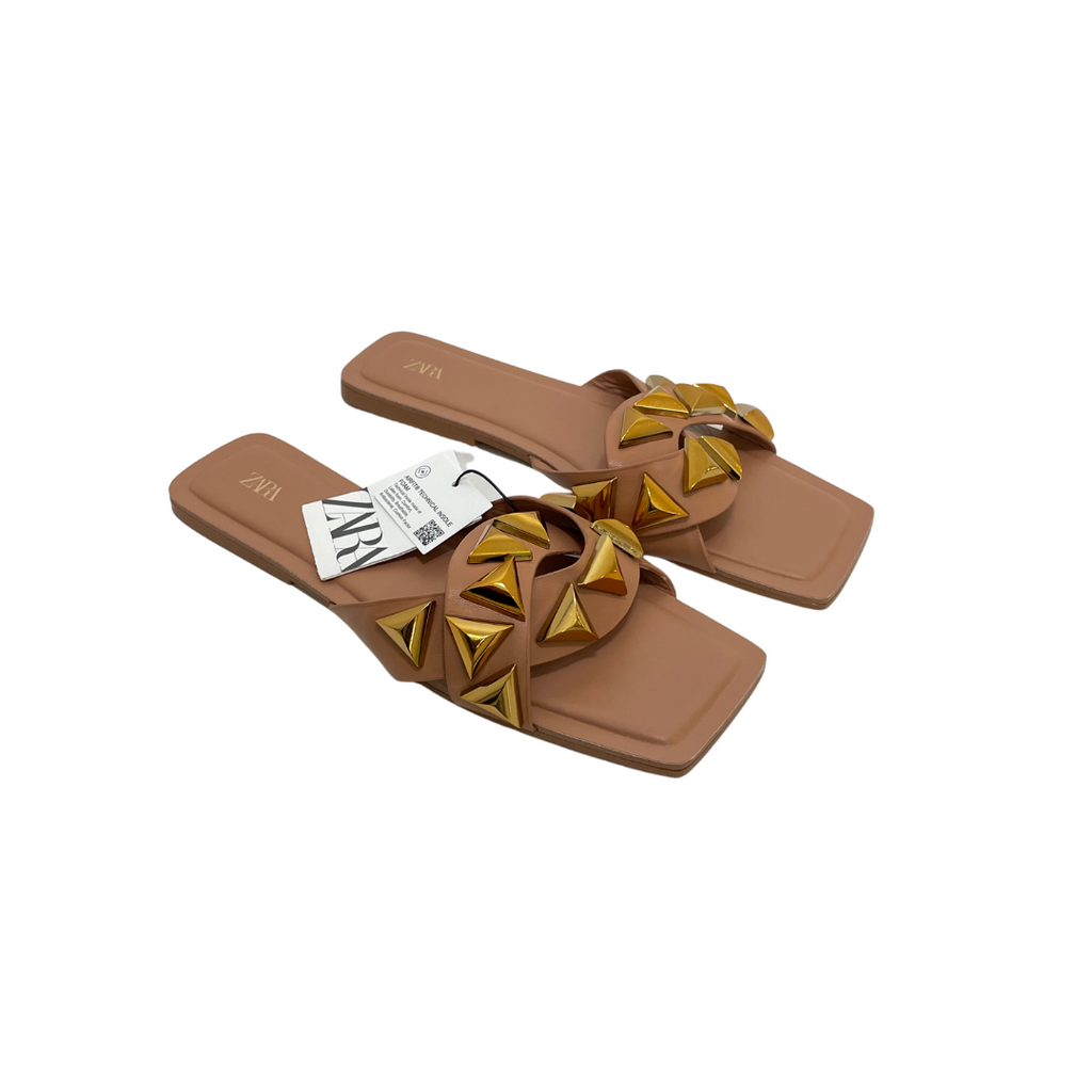 ZARA Brown Gold Stud Slides | Brand New |