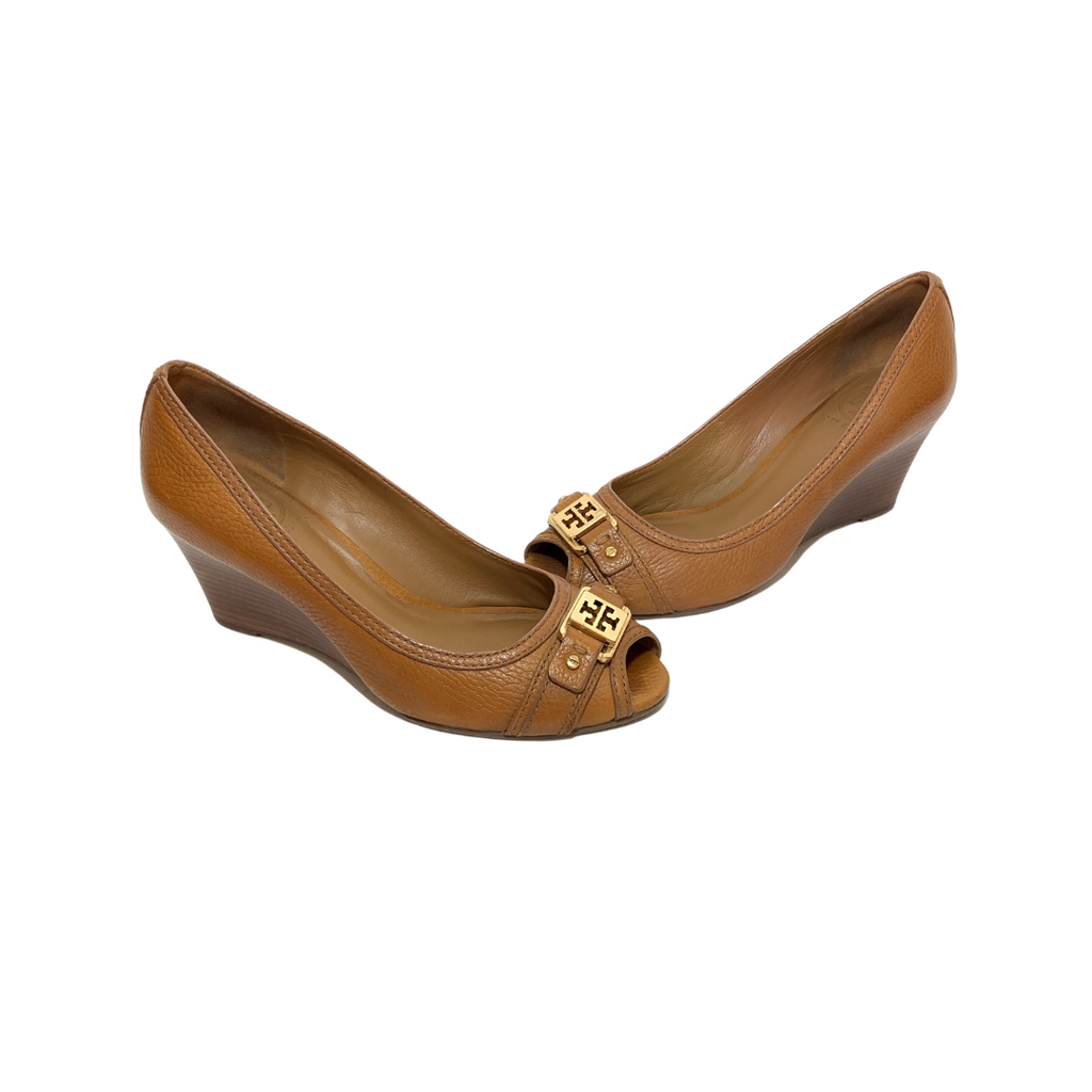 Tory Burch 'Carnell' Tan Leather Peep-toe Wedges | Pre Loved |