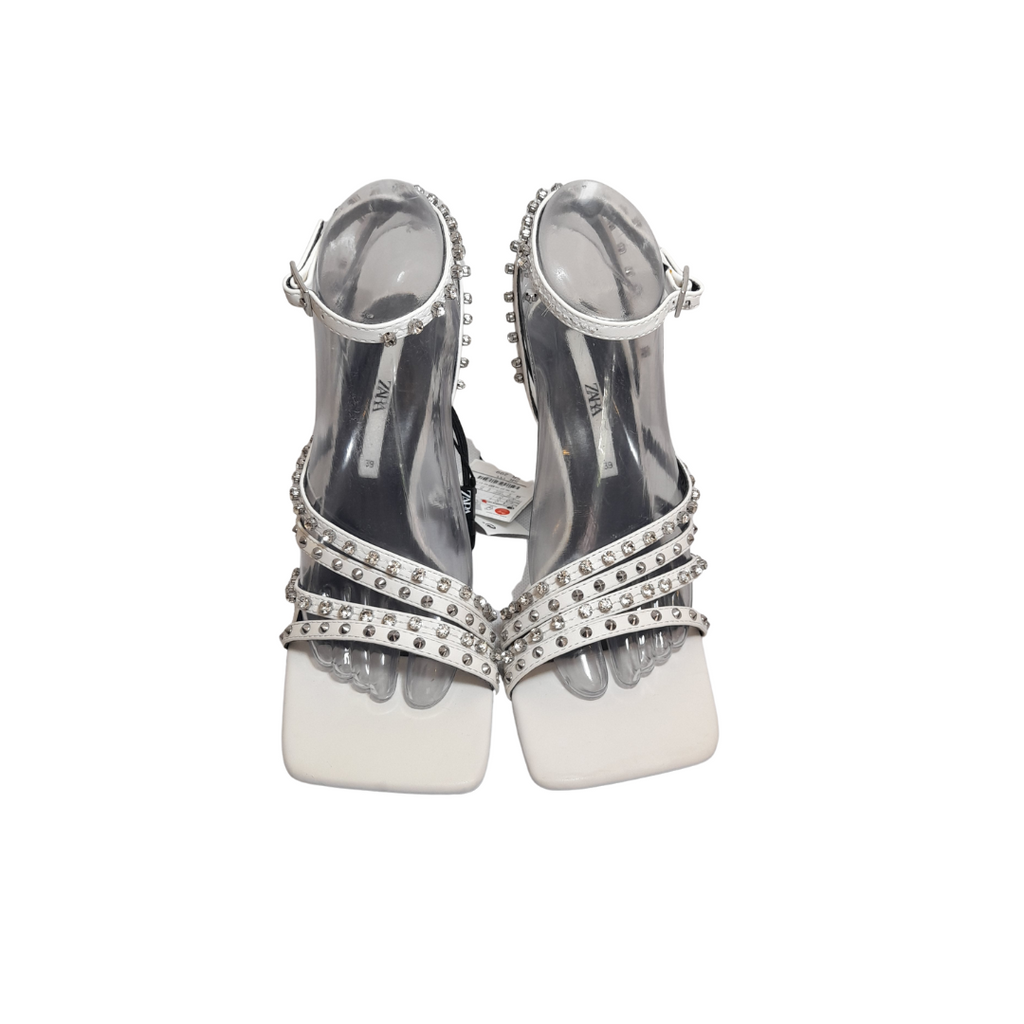ZARA White Rhinestone Strappy Sandal Heels | Brand New |