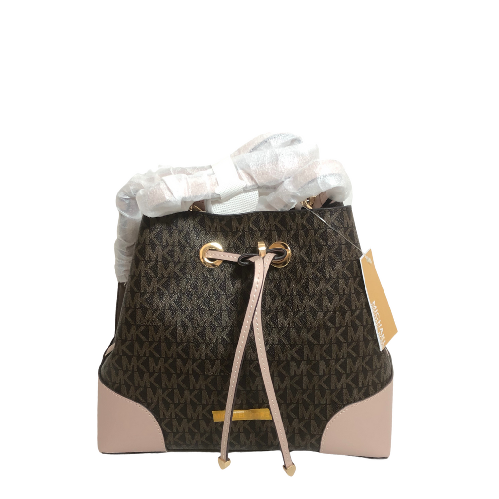 Michael Kors Brown Monogram and Pink Leather Bucket Bag | Brand New |