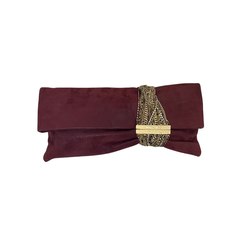 Jimmy Choo Maroon Suede & Gold Chains Clutch | Pre Loved |