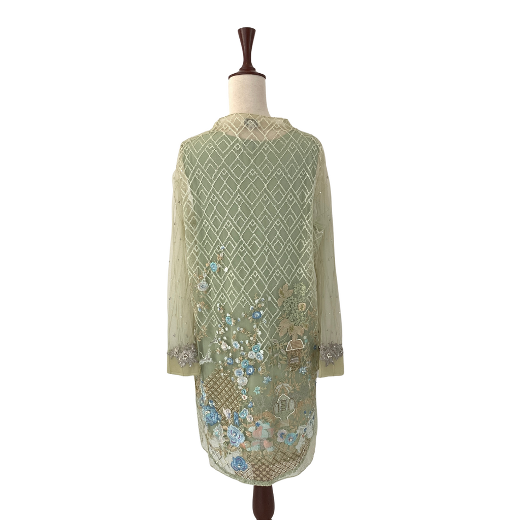 Sania Maskatiya Mint Green Embroidered with Rhinestones Net Kameez  | Gently Used |
