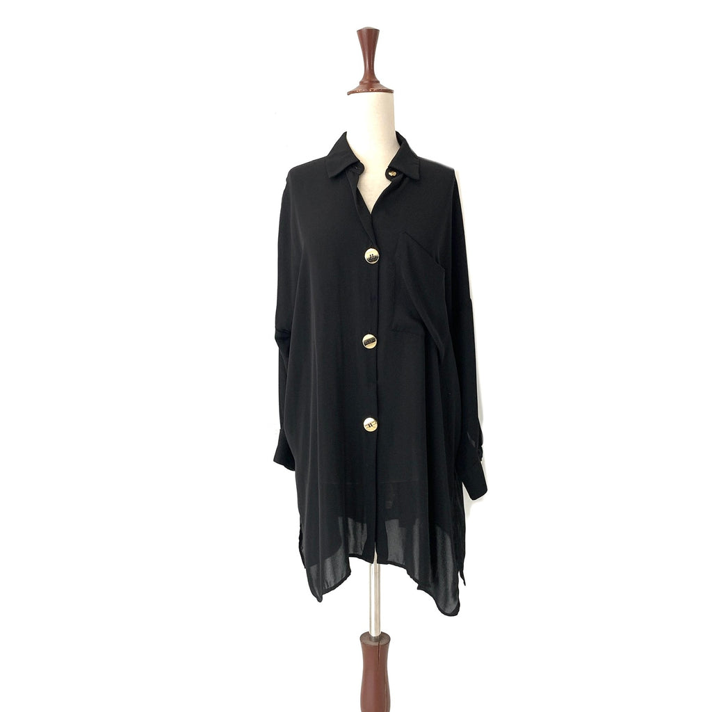 ZARA Black Long Shirt with Gold Buttons | Gently Used |