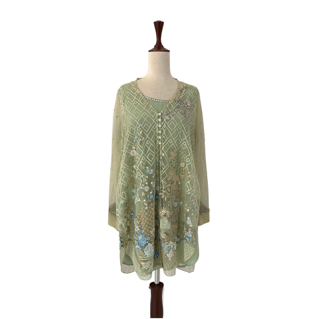 Sania Maskatiya Mint Green Embroidered with Rhinestones Net Kameez  | Gently Used |