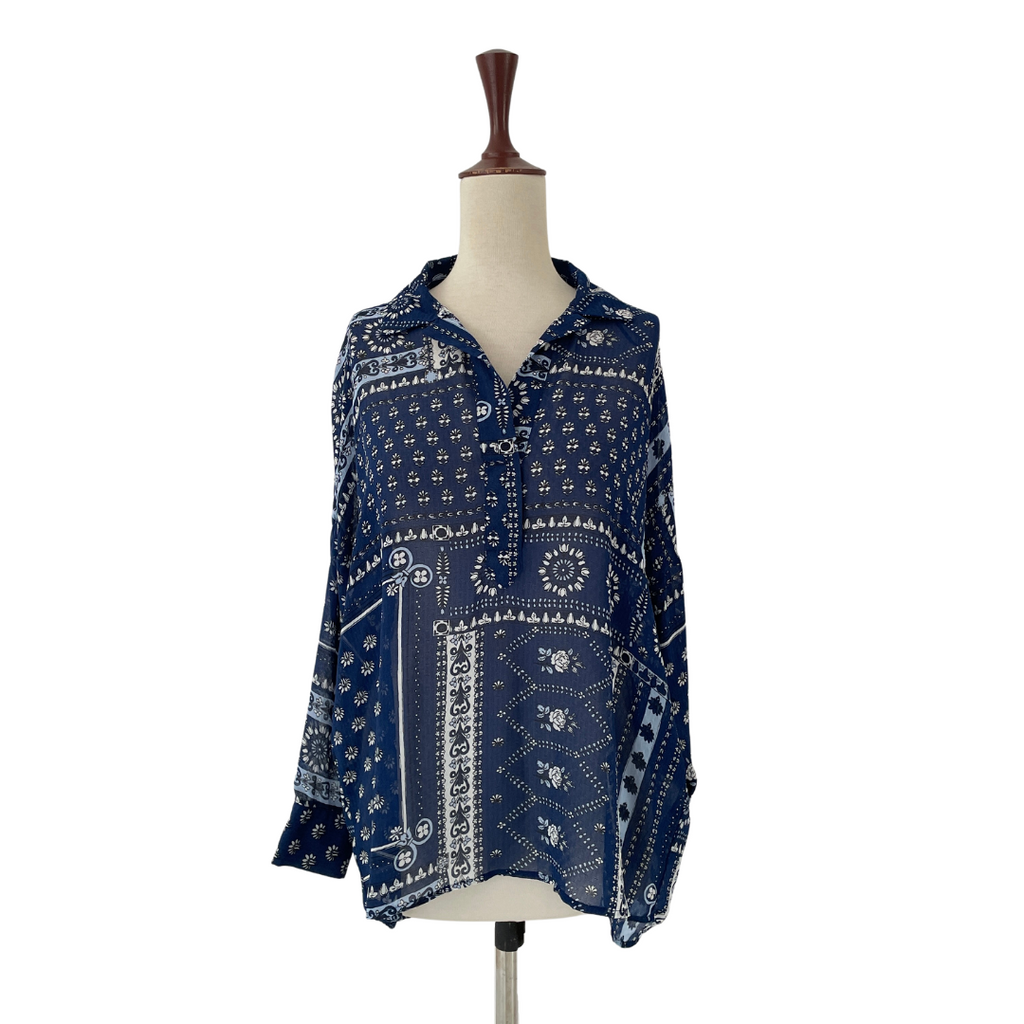 ZARA Blue Sheer Printed Blouse | Gently Used |