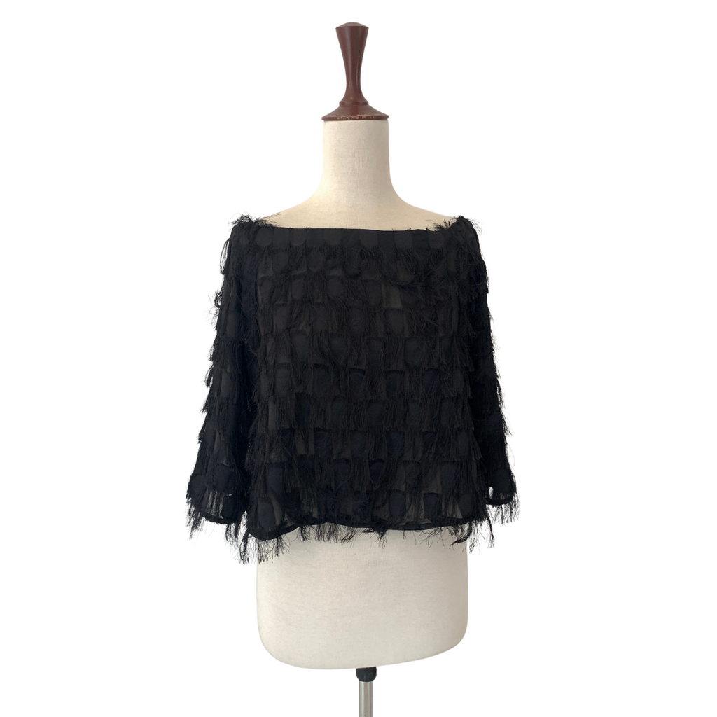 ZARA Black Fringe Boat-neck Top | Brand New |