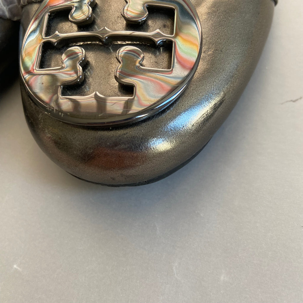 Tory Burch Silver Croc Textured & Suede Ballet Flats | Pre Loved |