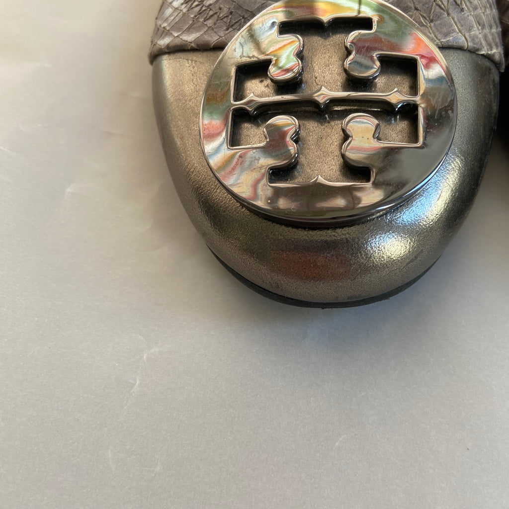 Tory Burch Silver Croc Textured & Suede Ballet Flats | Pre Loved |