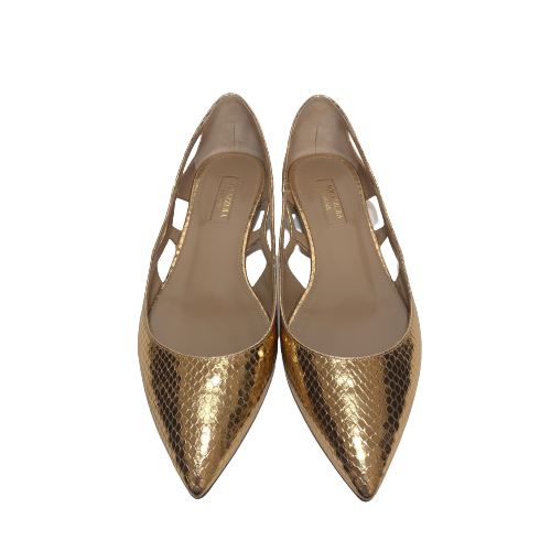 Aquazzura Forever Gold Metallic Leather Snake Printed  Ballet Flats | Brand New |