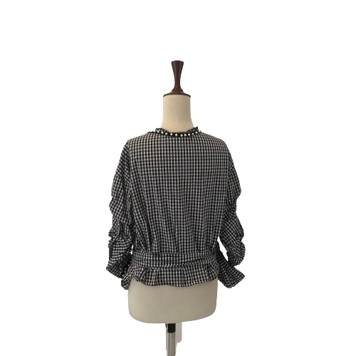 ZARA Black Checked Pearl Wrap Top | Gently Used |