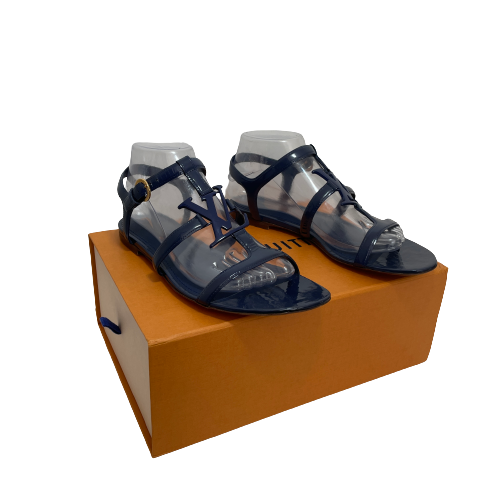 Louis Vuitton Navy Patent Leather Logo Sandals | Pre Loved |