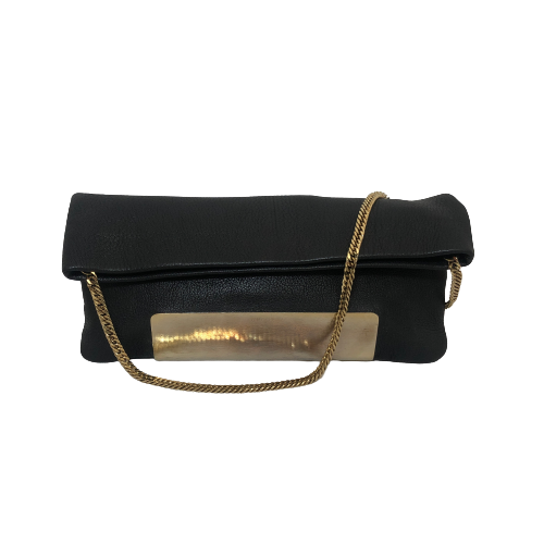 Jimmy Choo Black Leather & Gold Chain Fold-Over Bag | Pre Loved |