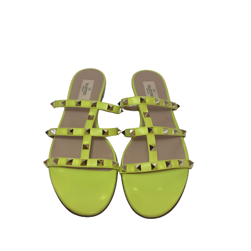 Valentino Neon Yellow Rockstud Caged Slide Sandals | Brand New |
