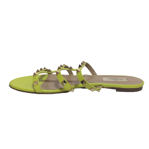 Valentino Neon Yellow Rockstud Caged Slide Sandals | Brand New |