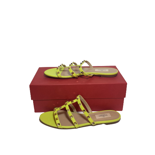 Valentino Neon Yellow Rockstud Caged Slide Sandals | Brand New |