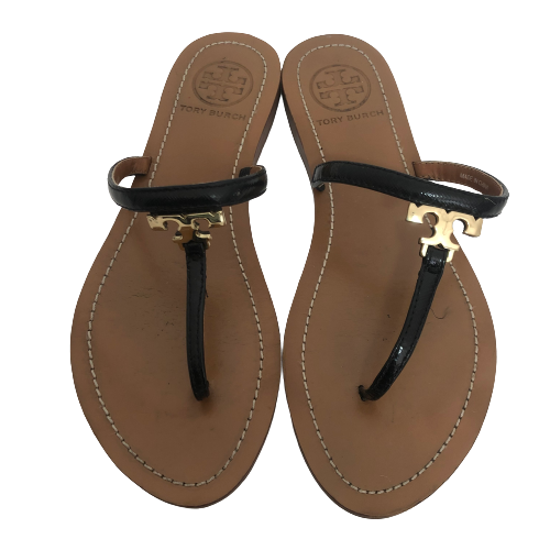 Tory Burch Black T-Logo Black Leather Thong Sandals | Pre Loved |