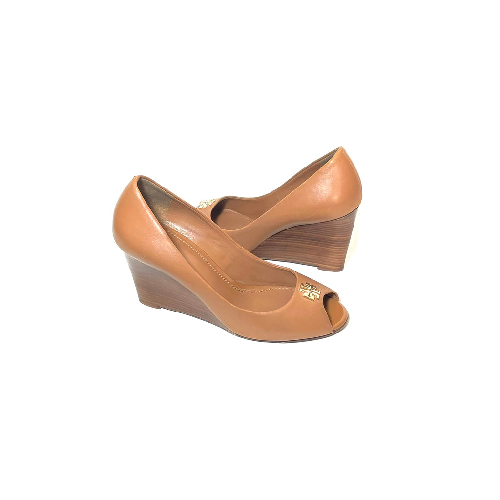 Tory Burch Tan Leather 'Jolie' Peep-toe Wedges | Pre Loved |