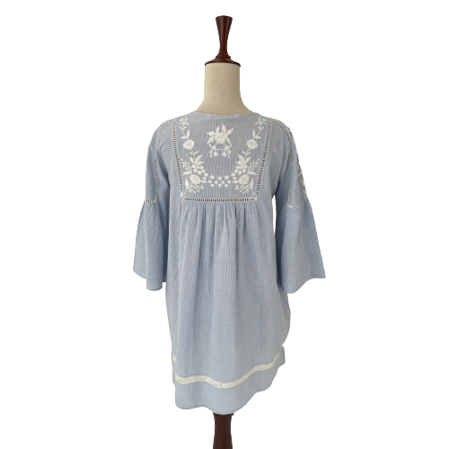 ZARA Blue & White Embroidered Peasant Top | Pre Loved |