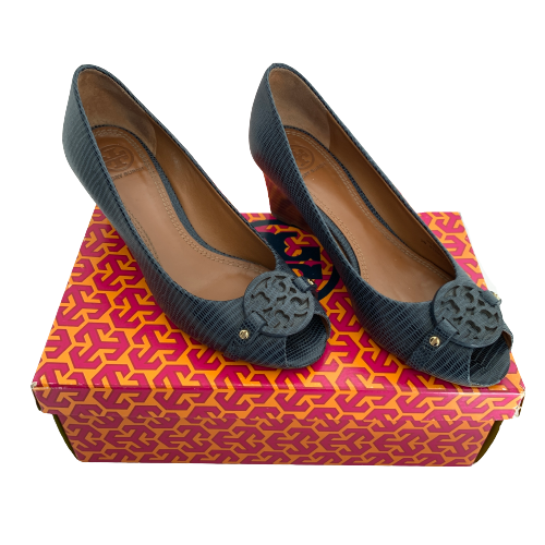 Tory Burch Navy Leather Mini Miller Peep-toe Wedges | Gently Used |