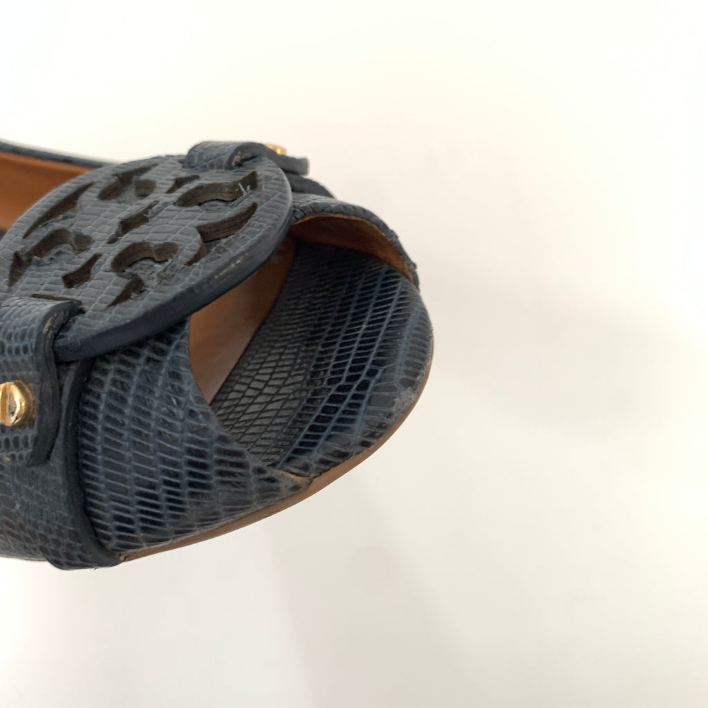 Tory Burch Navy Leather Mini Miller Peep-toe Wedges | Gently Used |